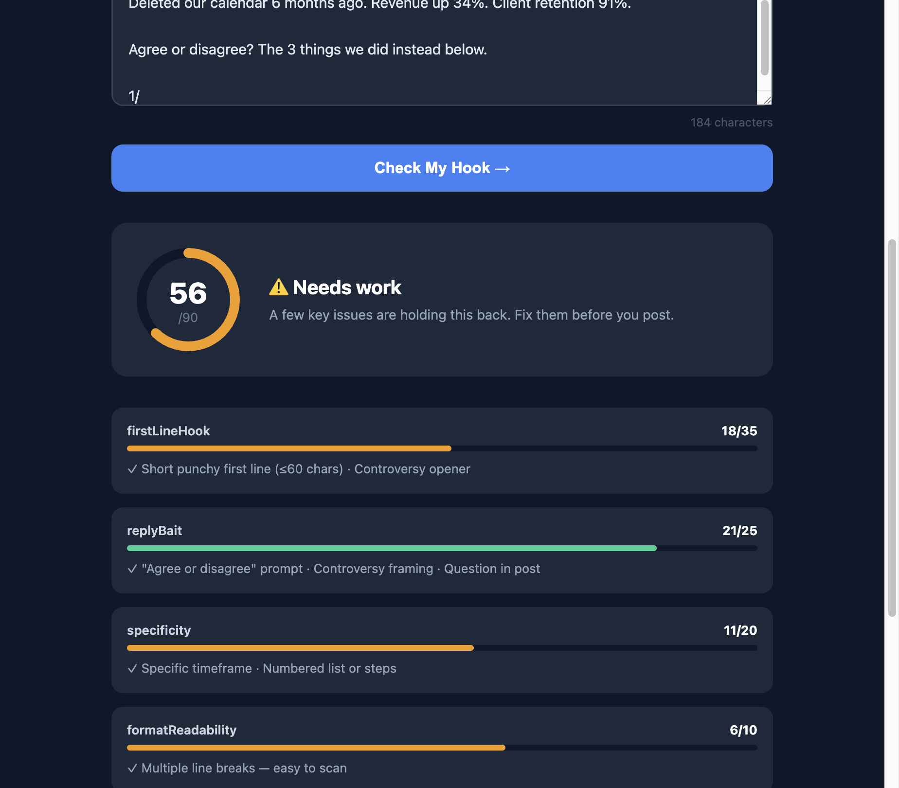 Stronger hook scoring 56/90 on HookChecked