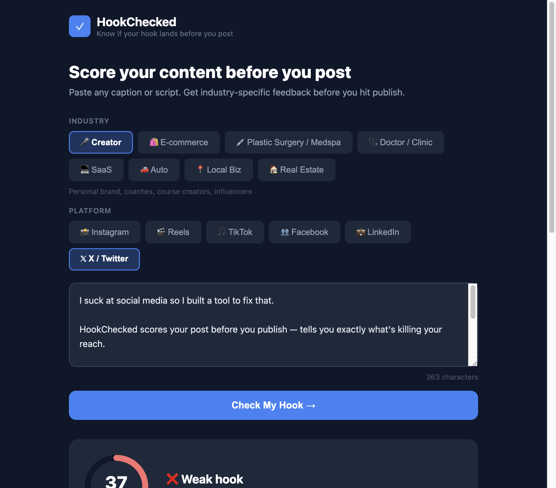 Weak hook scoring 37/90 on HookChecked
